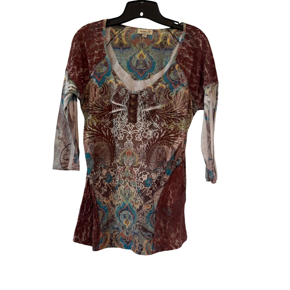 Women Paisley Lace Burnout Henley Top 3/4 Sleeve Large Y2K BoHo WhimsyGoth